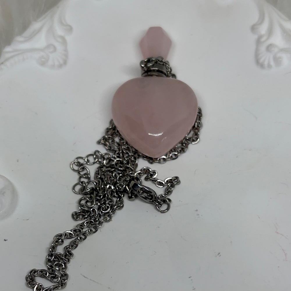 Rose Quartz Heart Shaped Poison Bottle Pendent Necklace